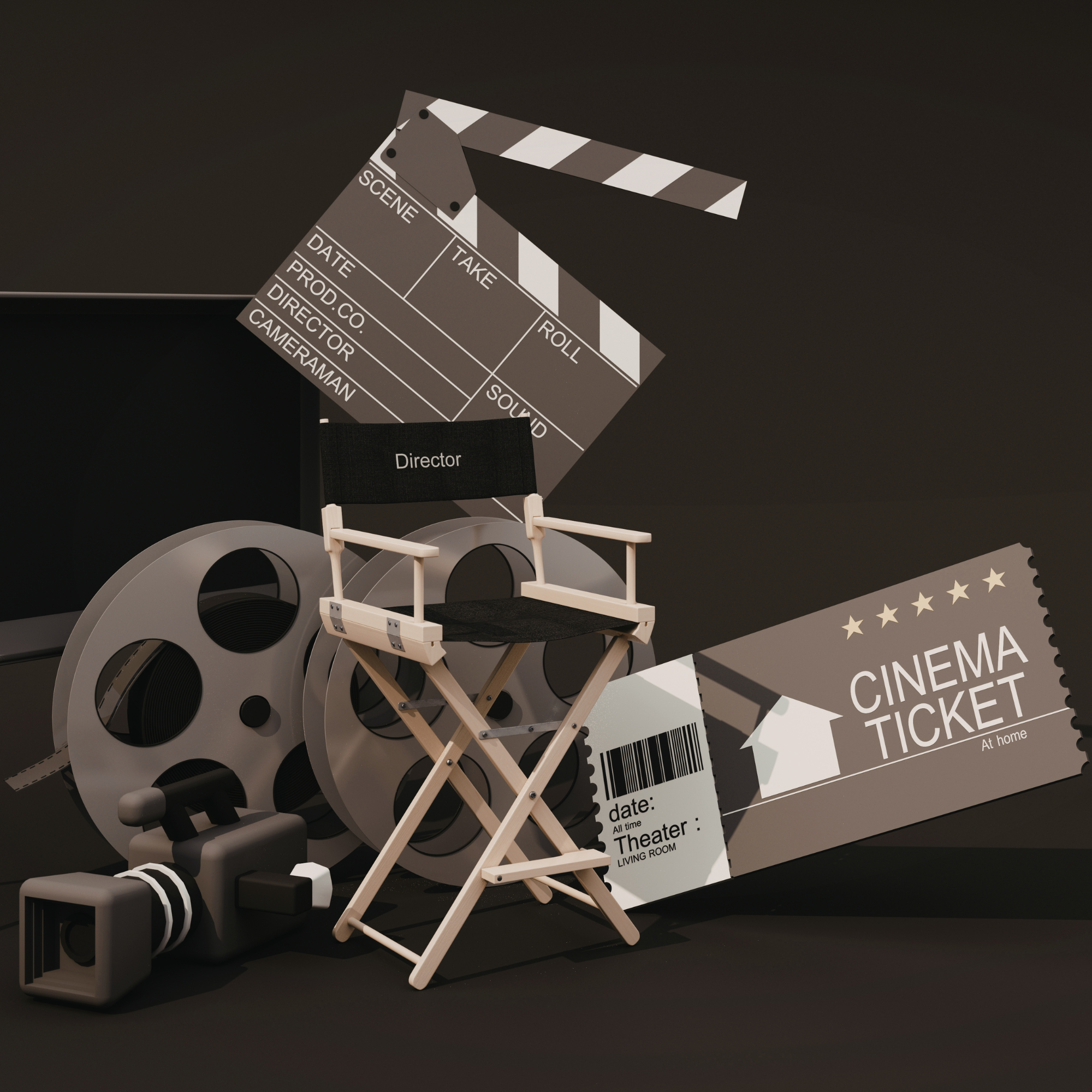 A black and white movie clapperboard leaning against a small director's chair behind a row of stacked black and white movie tickets.