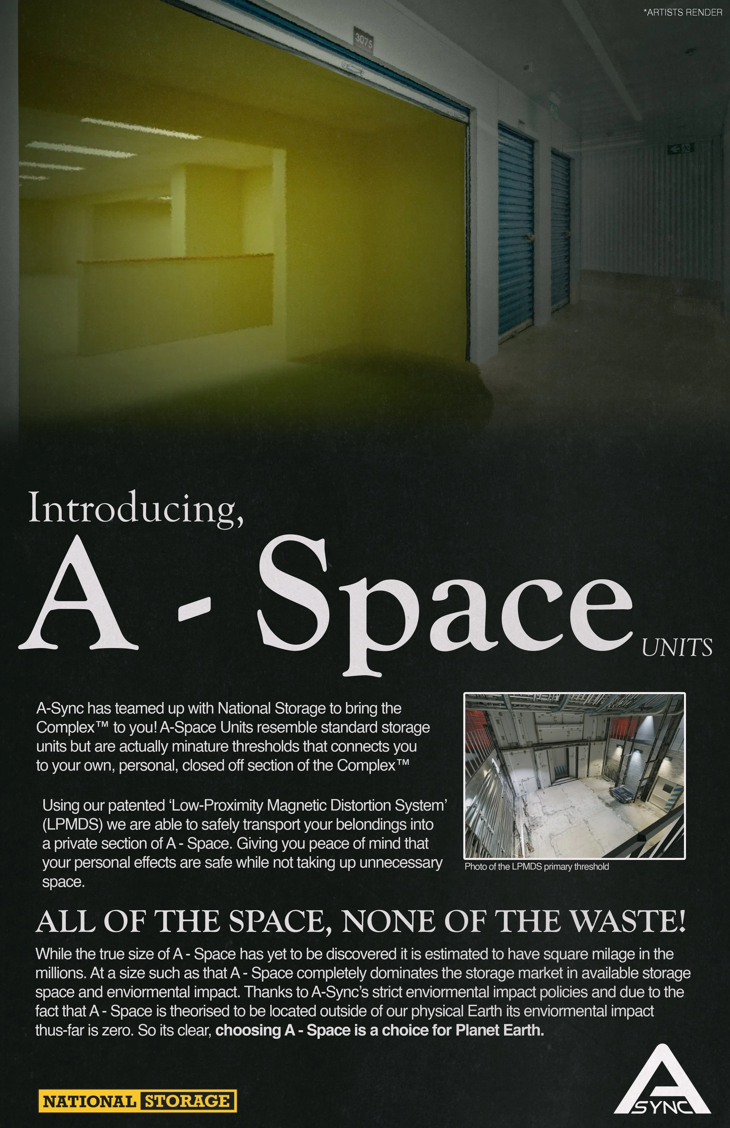 A promotional brochure for A-Space Units, a storage solution by A-Sync, features an interior image of storage units with blue roll-up doors, along with text describing the product's features and environmental benefits.