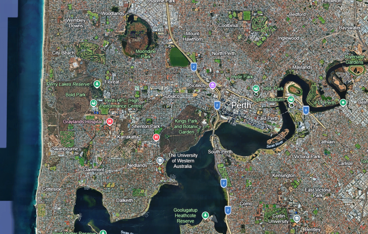 Satellite map of Perth, Australia, showing the Swan River, parks like Kings Park and Botanic Garden, Hyde Park, Moondine Park, and other neighborhoods and landmarks around the city.