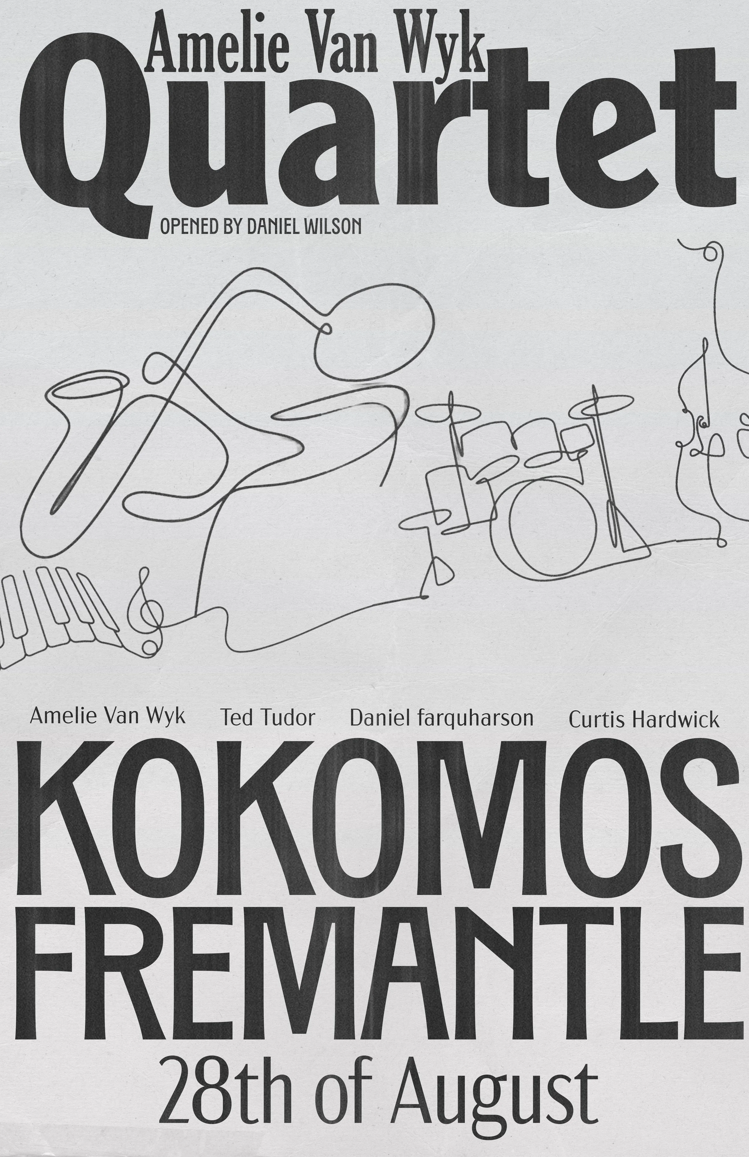 Text on a poster for a concert featuring Amelie Van Wyk, Ted Tudor, Daniel Farquharson, and Curtis Hardwick, with a stylized musical instrument illustration, scheduled for August 28th at Fremantle.