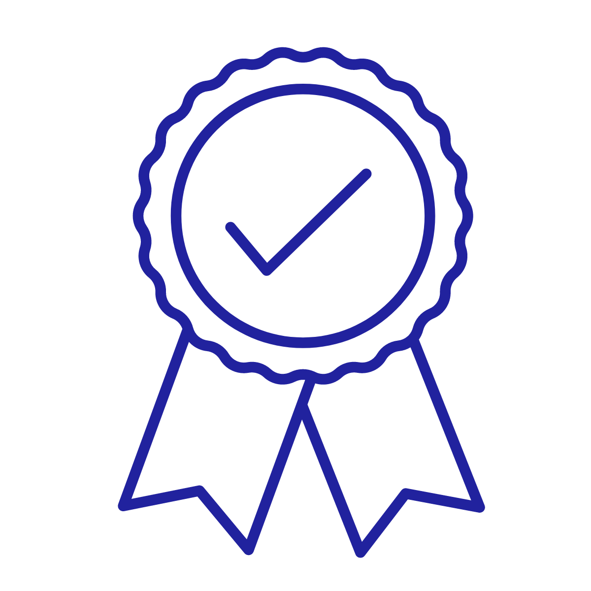 Neon blue illustration of a medal with a checkmark inside a circle, attached to a ribbon with two tails.