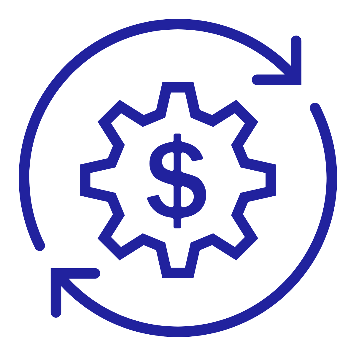 Icon of a gear with a dollar sign in the center, surrounded by two circular arrows indicating a financial or economic process or cycle.