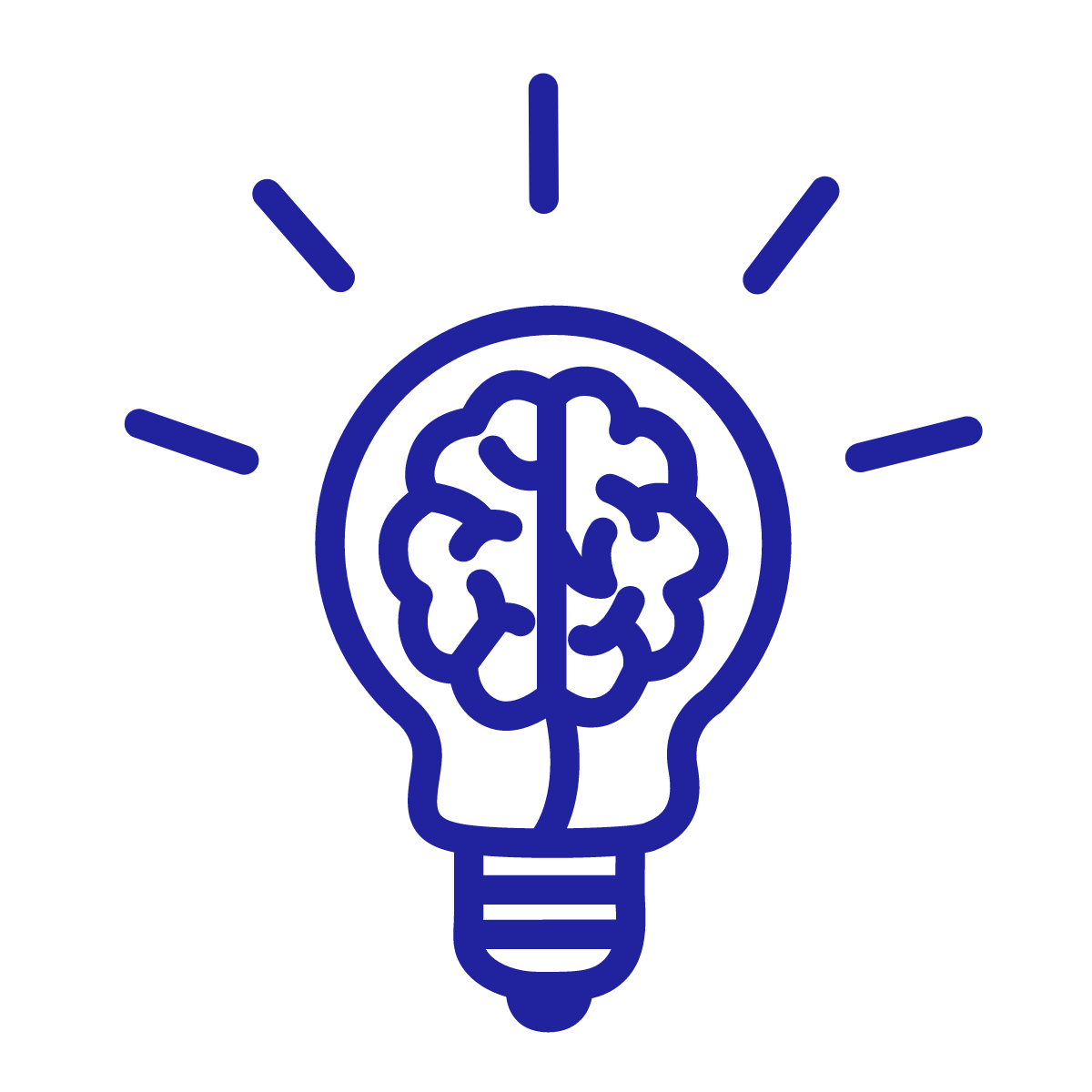 A blue outline of a light bulb with a brain inside, symbolizing an idea or intelligence, and radiating lines around it representing an idea or inspiration.