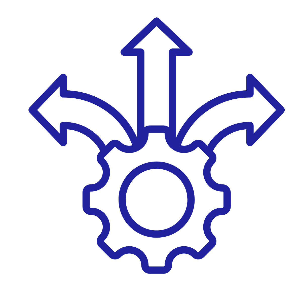 Blueprint-style icon of a gear with three arrows pointing in different directions from the center.