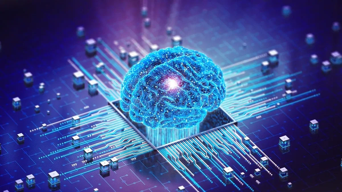 Digital illustration of a glowing blue brain connected to a microchip with glowing circuits and technology elements.