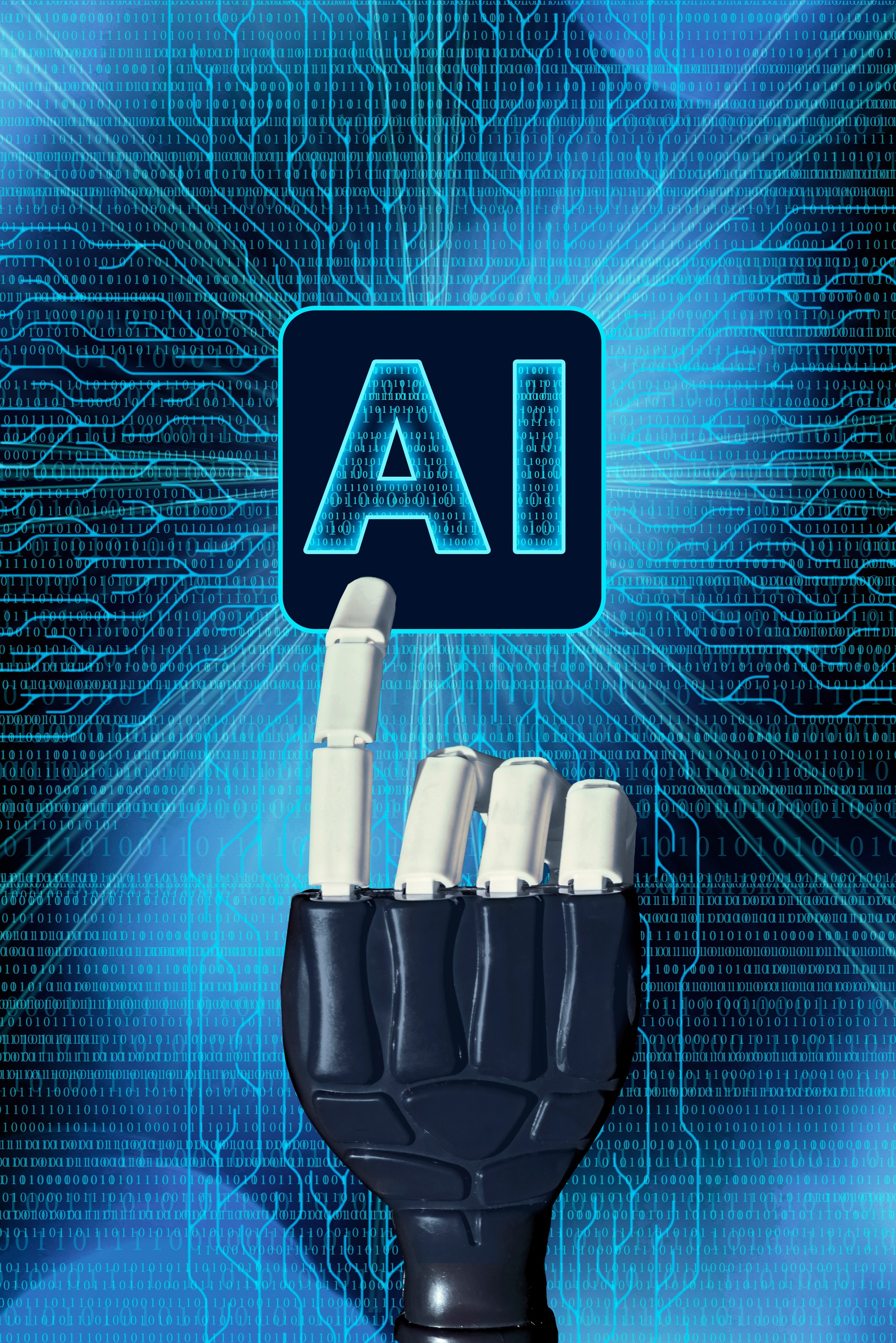 A robotic hand pointing at a digital AI icon, with a background of binary code and electrical circuits.