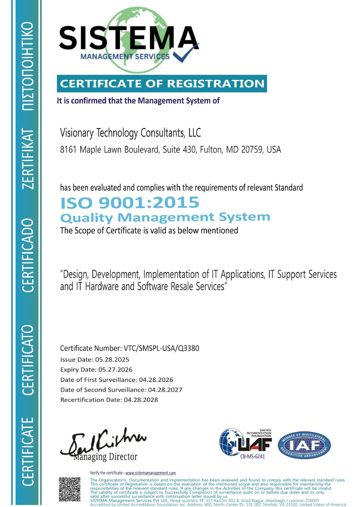 Certificate of registration from SISTEMA Management Services LLC confirming ISO 9001:2015 Quality Management System, issued in 2025, with details about the scope of services and certification validity.