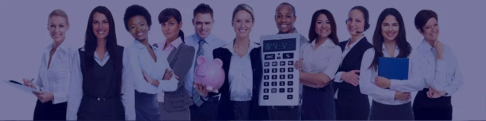 A group of professionals, both men and women, dressed in business attire, standing together against a purple background. They are holding various objects including a clipboard, a piggy bank, a large calculator, and books, and are smiling at the camera.