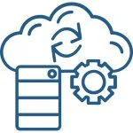 Cloud with a refresh arrow, connected to a server and a gear, representing cloud computing or cloud technology.