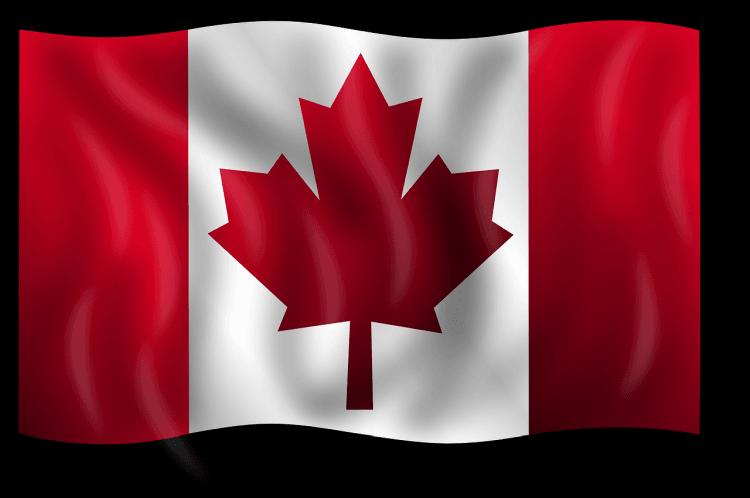 Canadian flag featuring a red maple leaf in the center with red and white vertical stripes.