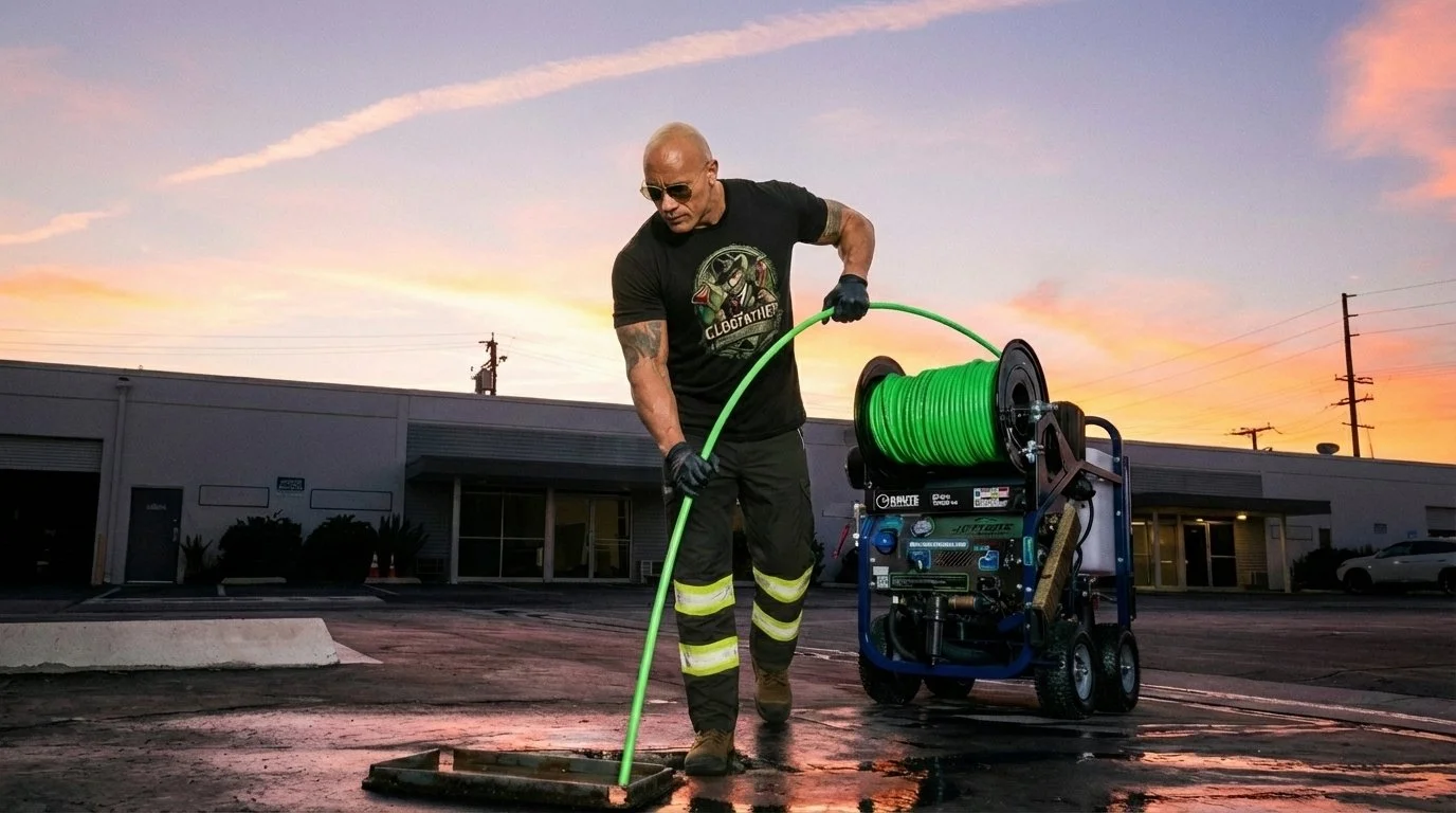 A worker for a Canadian plumbing company The Clogfather Plumbing And Drain Cleaning, using a high pressure water jetter.