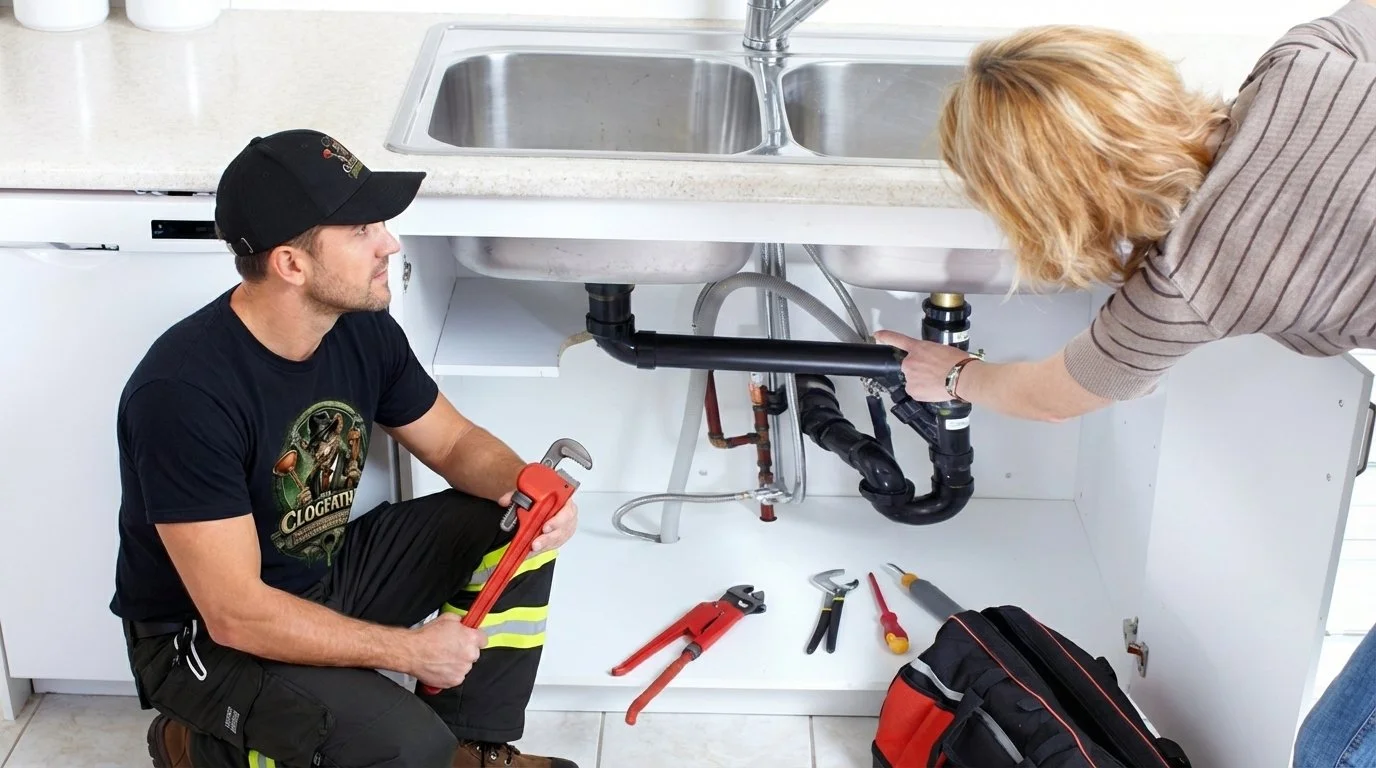 A man and a woman working under a kitchen sink, repairing plumbing pipes. The man is sitting on the floor holding a pipe wrench, while the woman is leaning over the sink, adjusting plumbing pipes. Tools such as a pipe wrench, pliers, screwdriver, and other repair tools are laid out on the floor nearby.