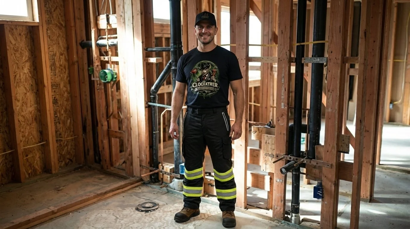 A smiling man in firefighter attire standing inside a house under construction, surrounded by wooden framing and exposed pipes.