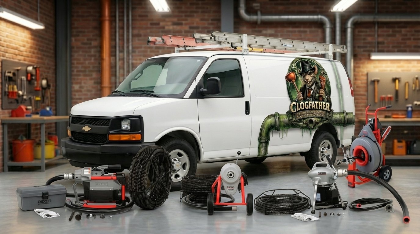 A white service van with the Clogfather Plumbing & Drain Cleaning logo on it, parked in the shop. All the different sized drain cleaning equipment that is used to unplug kitchen sinks, bathtubs, mainline sewers.