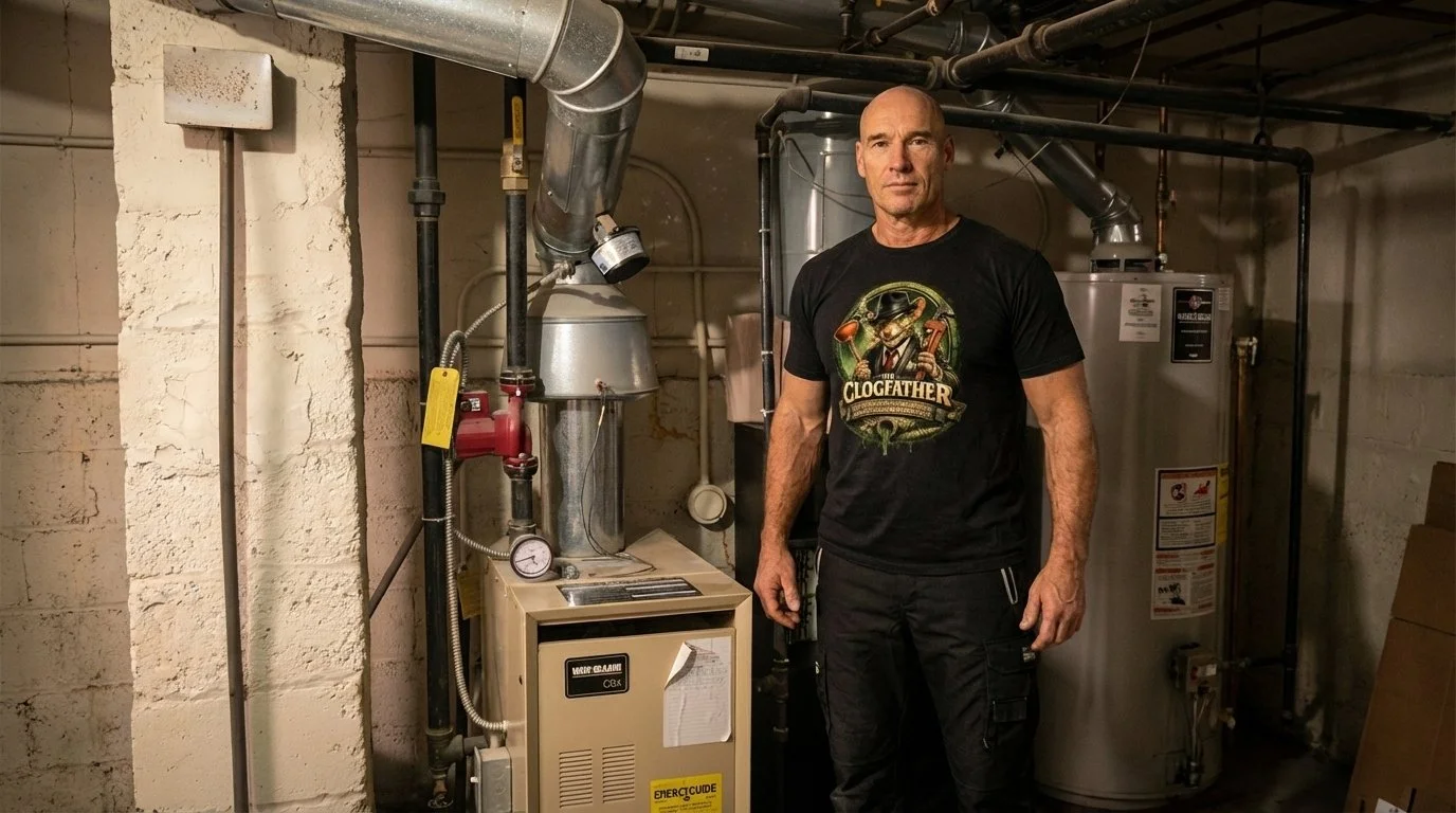 A man standing in a utility room next to a residential boiler, wearing a plumbing company t-shirt The Clogfather Plumbing And Drain Cleaning from the Niagara Region.