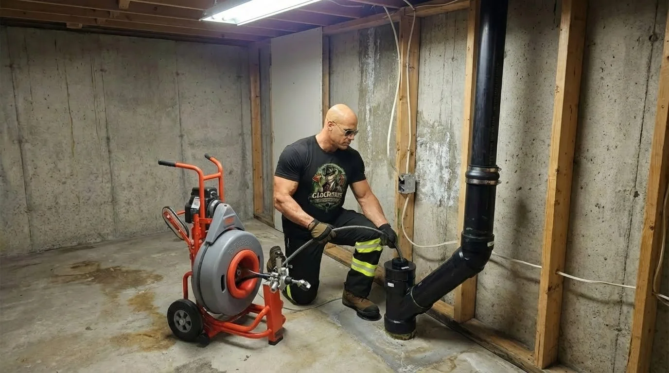 A man wearing black gloves and sunglasses is working with a pipe in an unfinished basement. There is a large orange and gray pipe cutter machine nearby. The basement has exposed concrete walls and wooden framing.