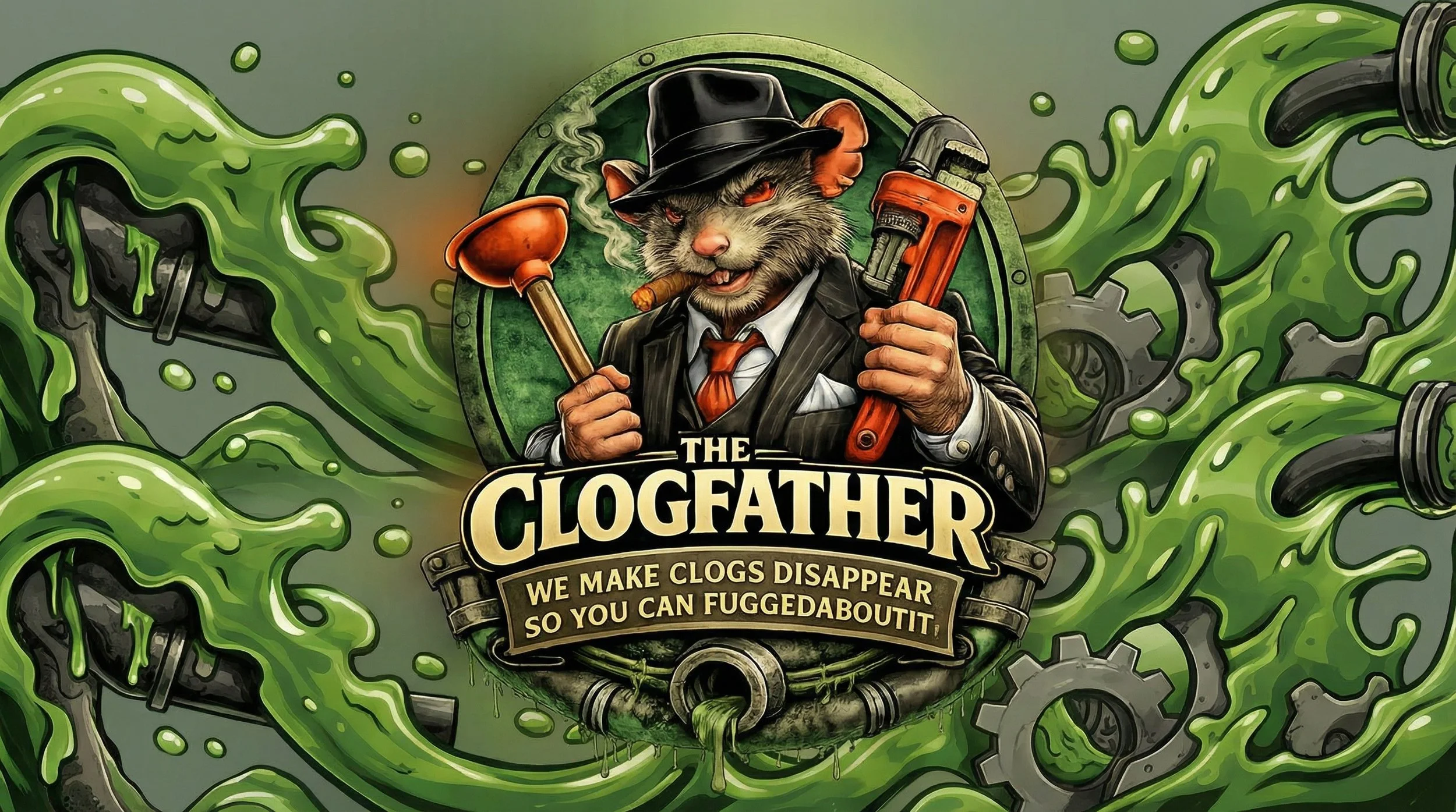 A cartoon-style illustration featuring a grumpy anthropomorphic mouse in a black suit, white shirt, red tie, and black fedora, holding a plunger in one hand, and a pipe wrench in the other. Logo for a Canadian plumbing company.