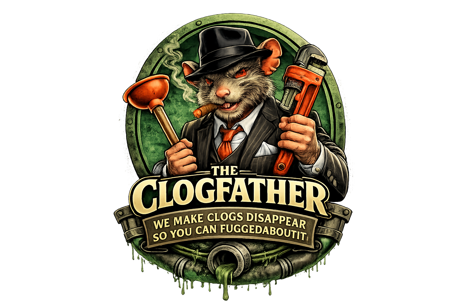 A cartoon anthropomorphic cat dressed in a suit, holding a plunger in one hand and a pipe wrench in the other, with a cigar in its mouth and wearing a fedora hat. The background is a green circular emblem with the text 'The Clogfather' and a subtitle 'We make clogs disappear so you can fuggedaboutit.'