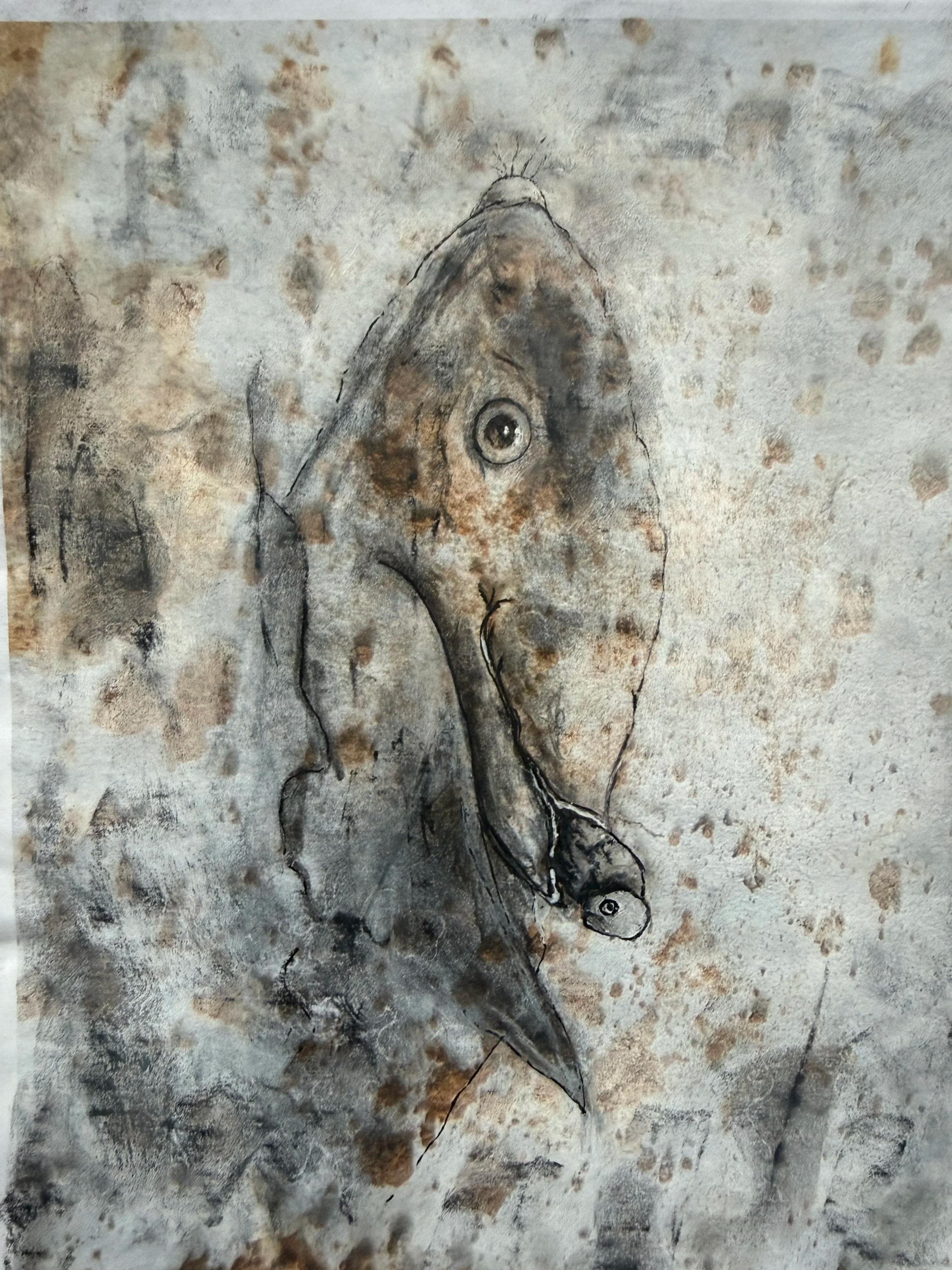 A detailed sketch of a fish on weathered, textured surface, possibly a wall, with cracks and spots of discoloration.