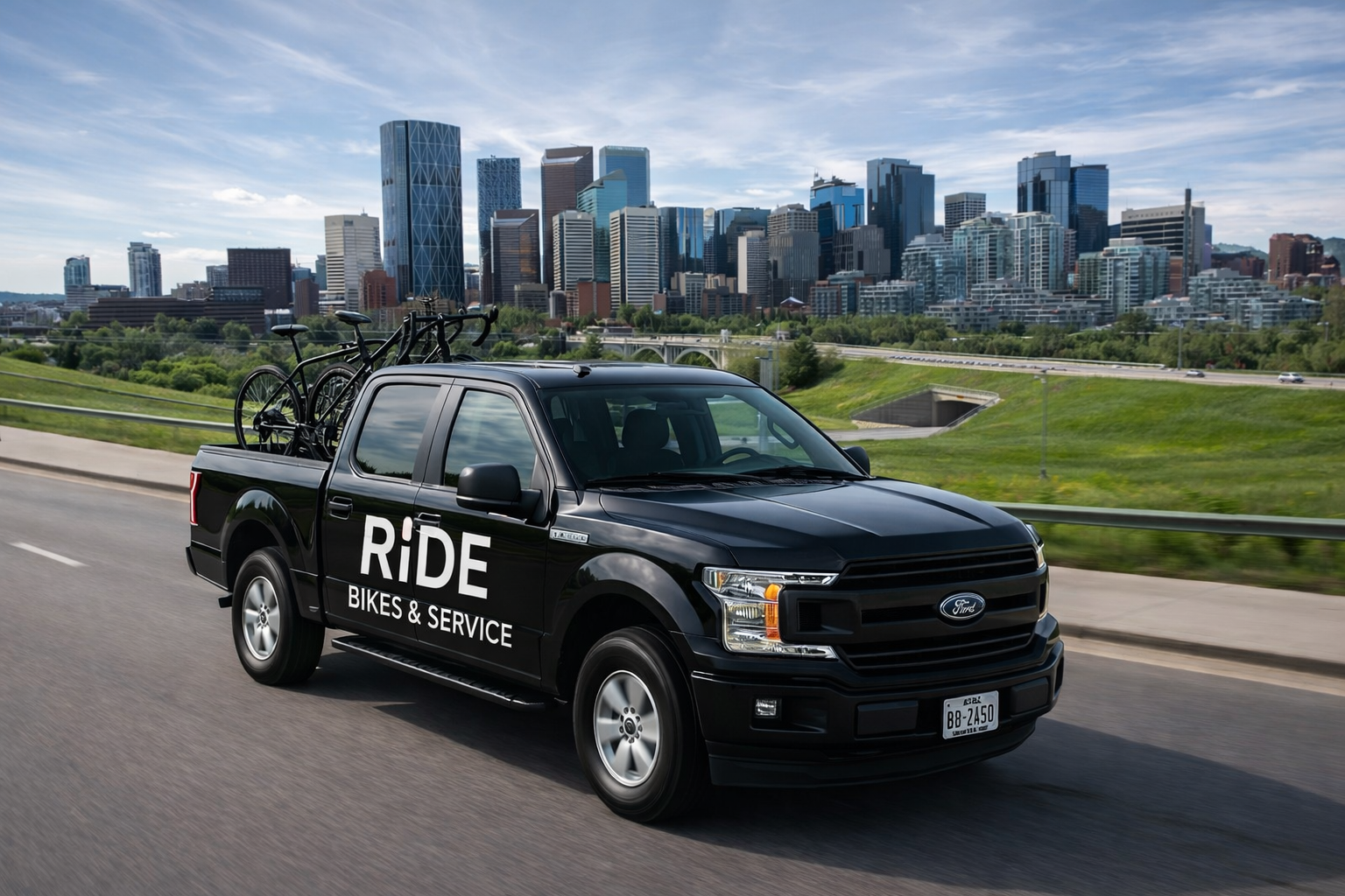 A black pickup truck with 'RIDE BIKES & SERVICE' written on the side, driving on a highway with a city skyline in the background, carrying two bicycles in the truck bed.