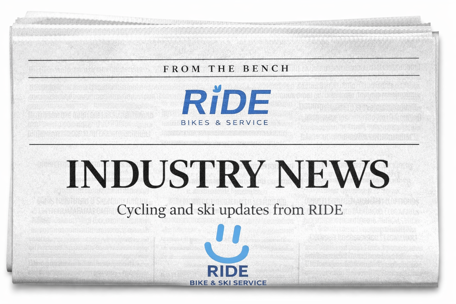 A newspaper titled "Industry News" with the headline about cycling and ski updates from RIDE bike and ski service, featuring the RIDE logo in blue with a smiley face.