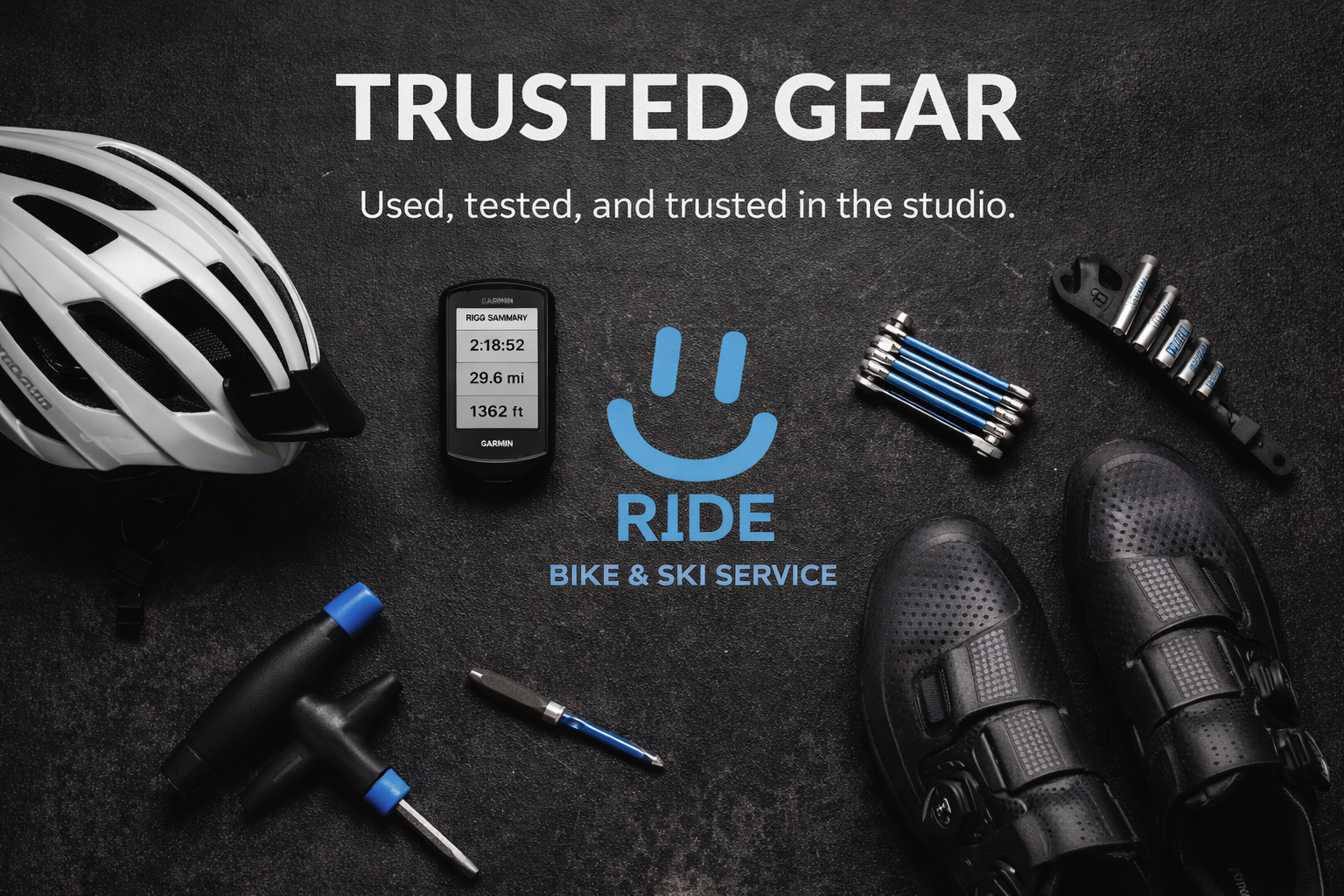 Bike and ski equipment including a helmet, GPS device, multitool, screwdriver, bicycle chain, and cycling shoes on a dark surface, with a logo and text for Ride Bike & Ski Service.