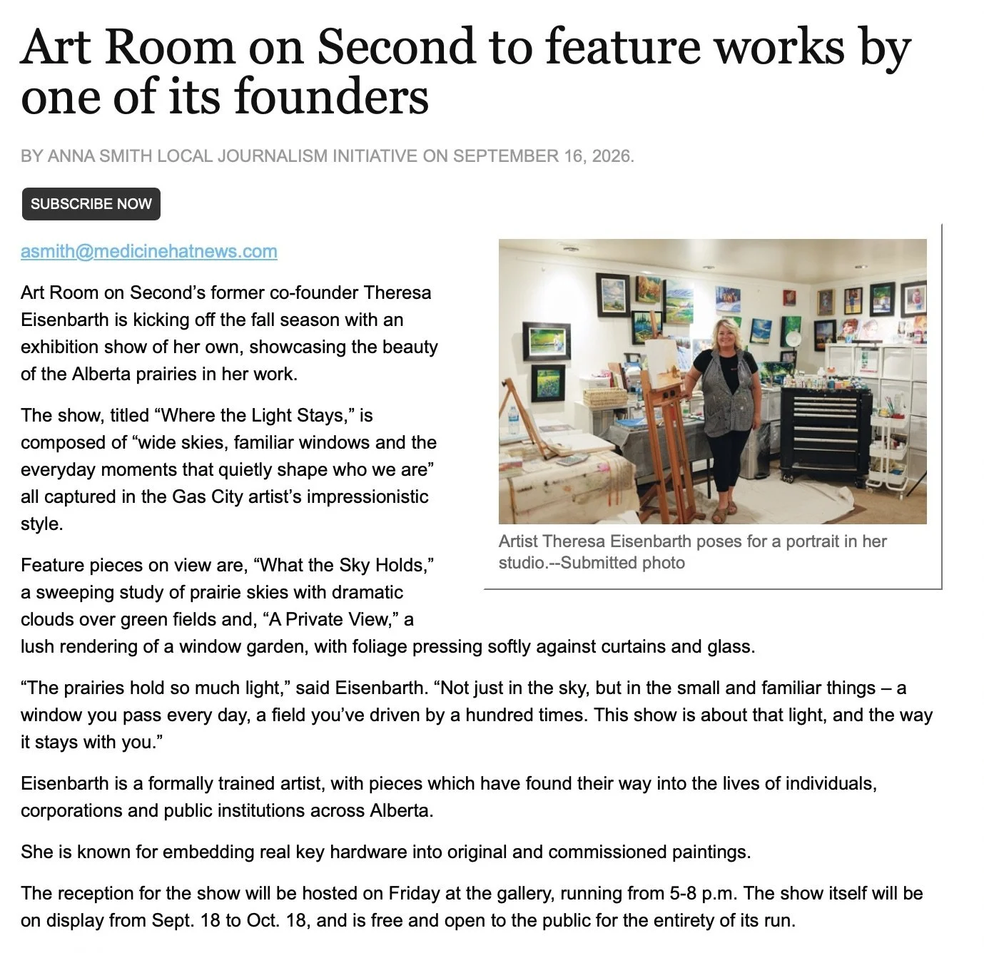 Art room on 2nd gallery Medicine Hat news article, Theresa Eisenbarth feature show, where the light stays