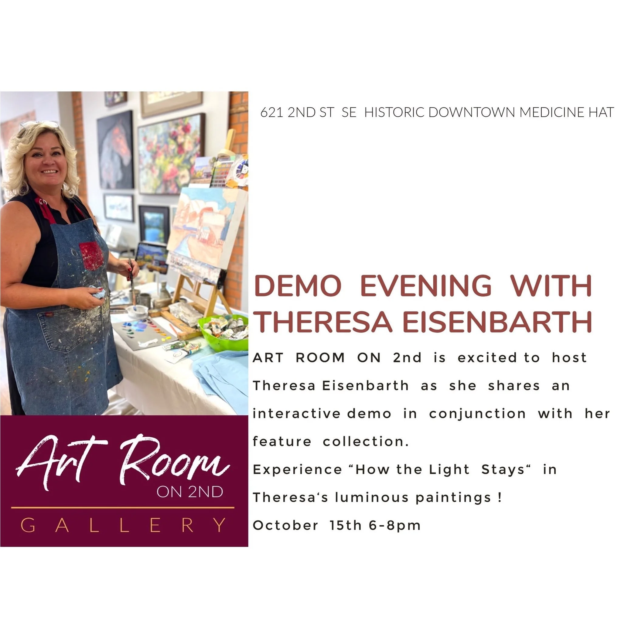 Save the date! Free to attend, everyone welcome! 

To further enhance Theresa&rsquo;s &ldquo;Where the Light Stays&rdquo; collection she will be in the Gallery for an interactive paint demo!

Also see the collection hanging together and in person for