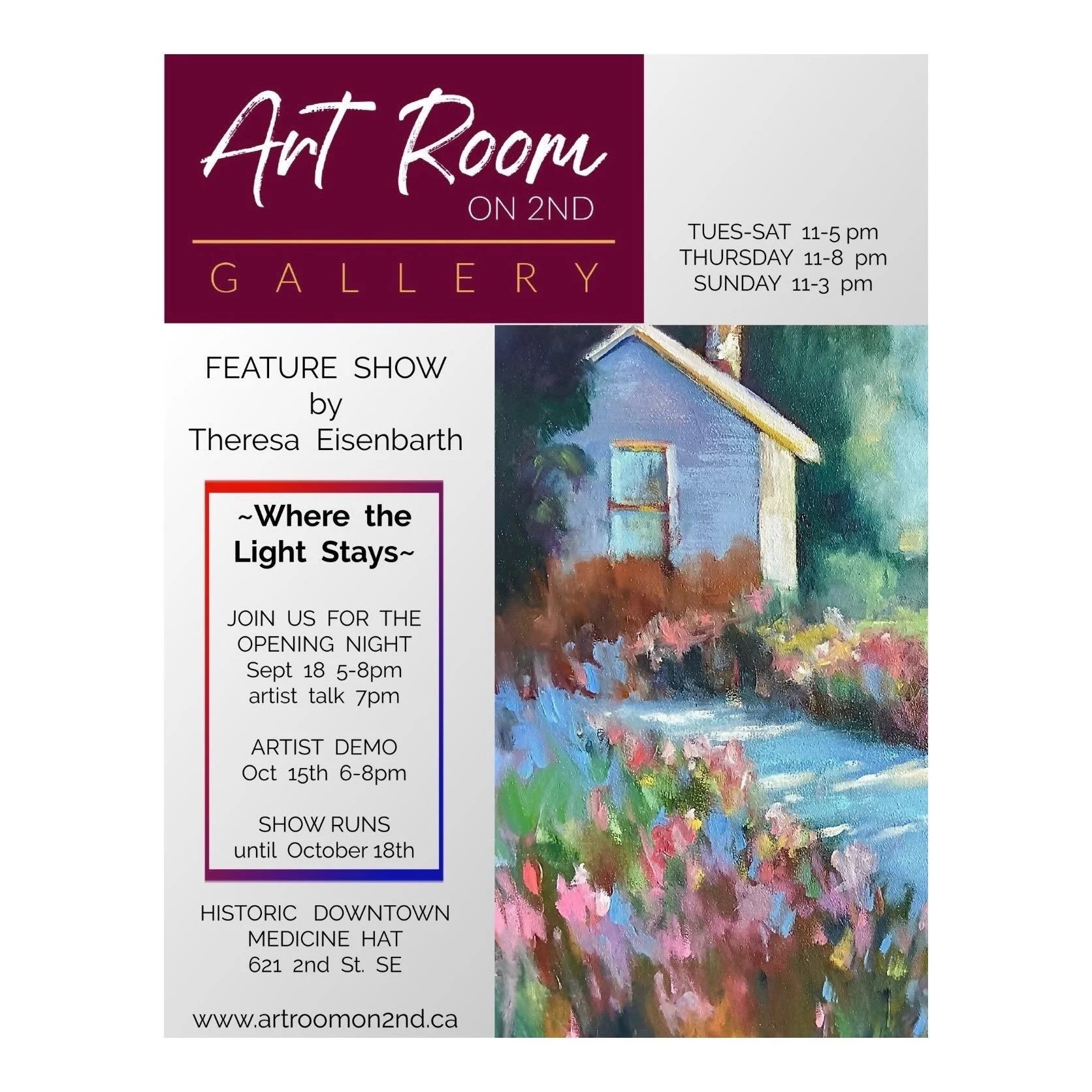 Join us at Art Room on 2nd Gallery for the opening of our newest feature exhibition, Where the Light Stays by artist Theresa Eisenbarth.

🌿 Opening Night: September 18 | 5&ndash;8 PM
🎨 Artist Talk: 7 PM

Theresa&rsquo;s luminous paintings invite us