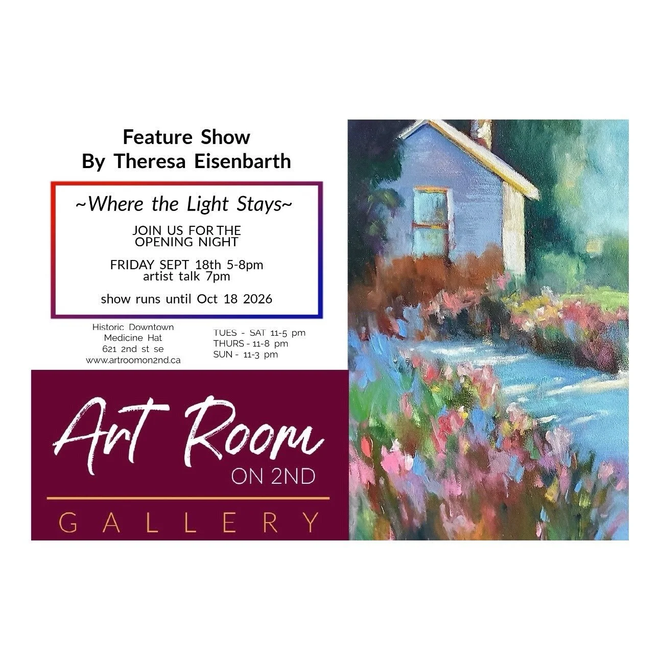 Save the Date for our next feature show opening September 18th!! 
Art Room on and is proud to present Theresa Eisenbarth
~ Where the Light Stays -
A collection that brings together a body of work shaped by years of observing the citys parks, coulees,