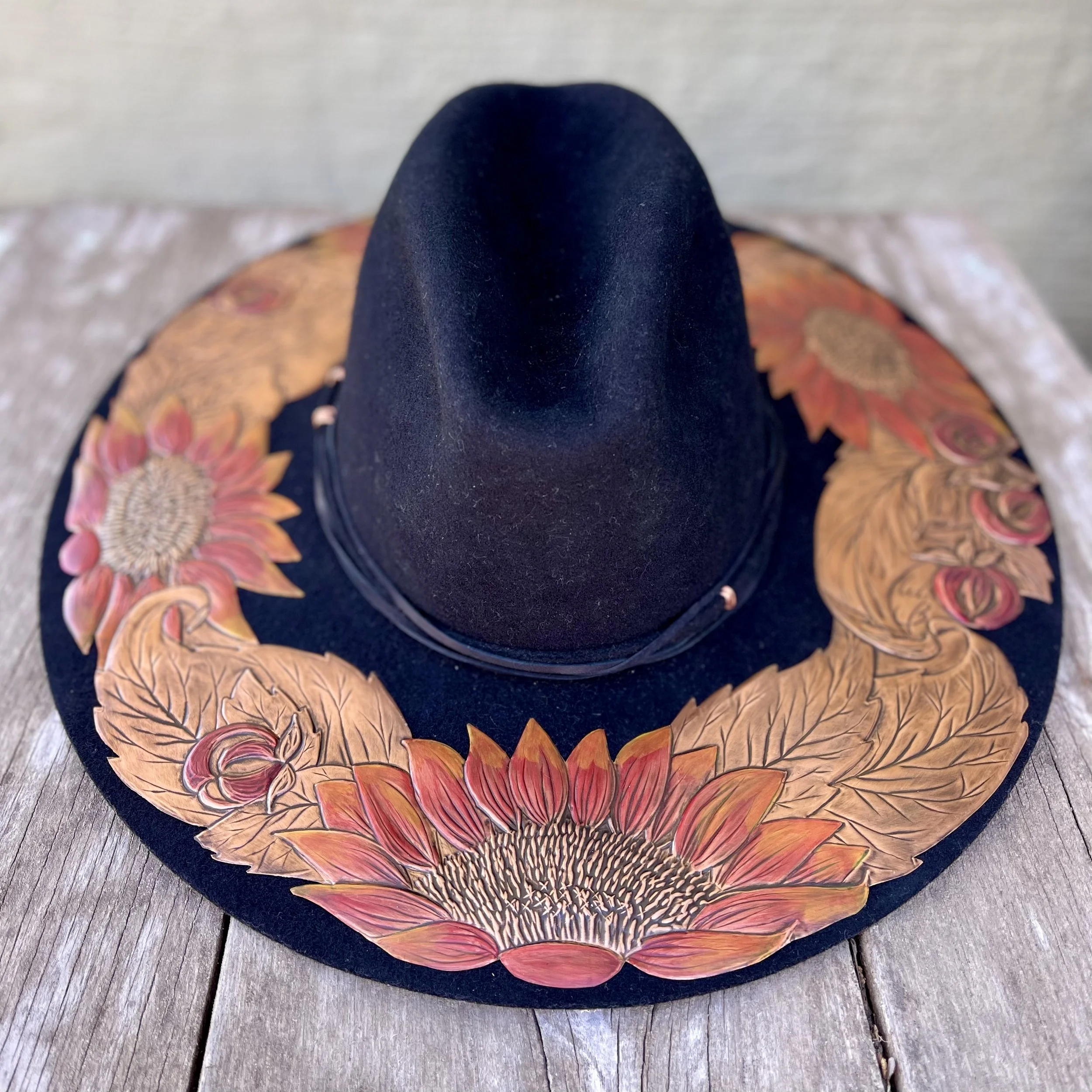 Erin Stelmaschuk Biegel artist, custom copper adorned cowboy hat, custom western hat, western art, prairie inspired, memorial, keepsake, sunflowers