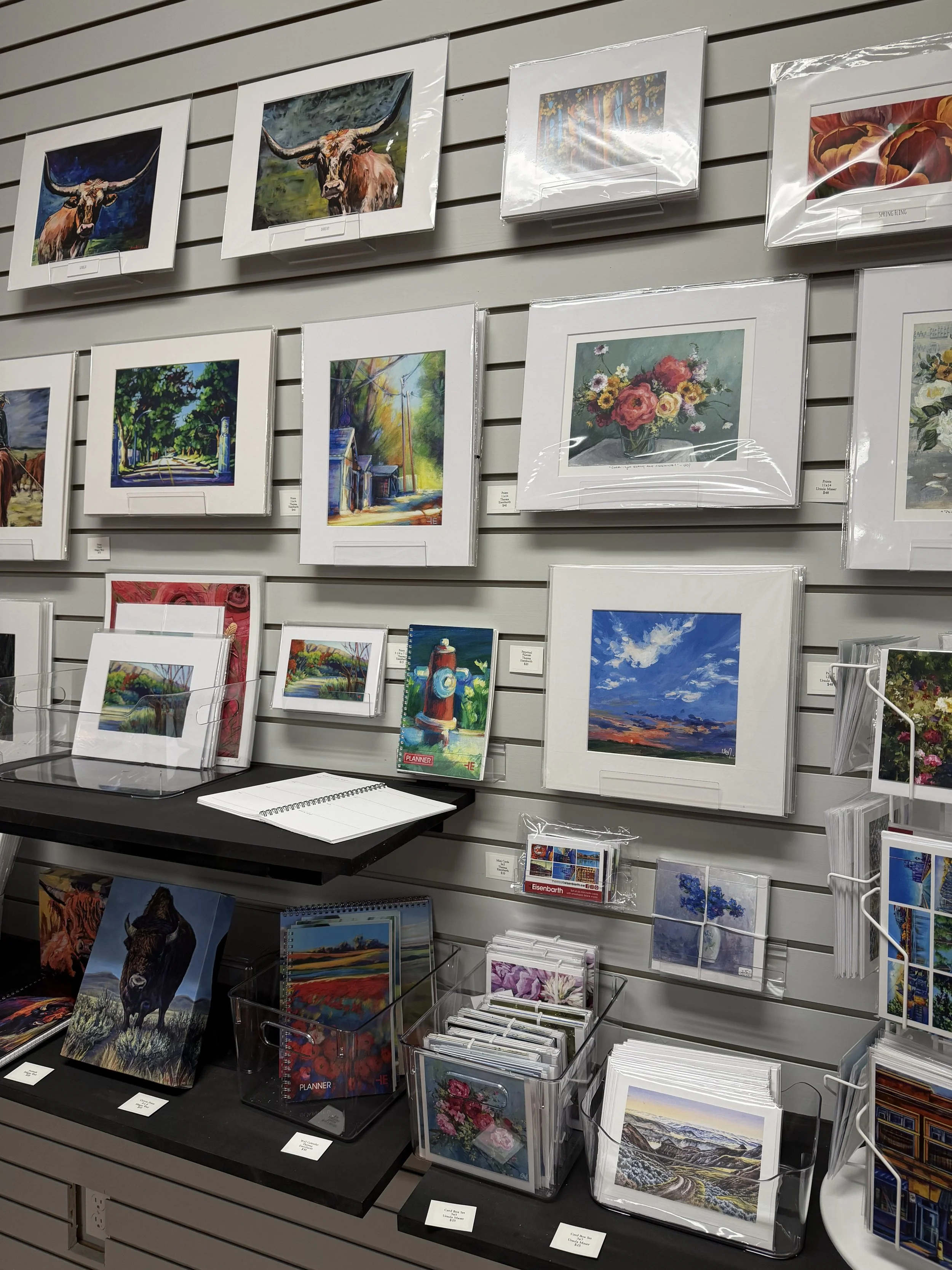 Various framed paintings and art prints displayed on a slatwall at an art store, including landscapes, flowers, animals, and abstract pieces