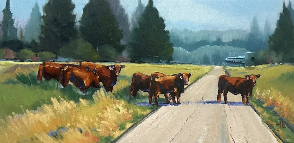 Artist Theresa Eisenbarth, Medicine Hat fine art, art room on 2nd gallery, landscape, country lane, cattle, cow painting, cypress hills, oil painting