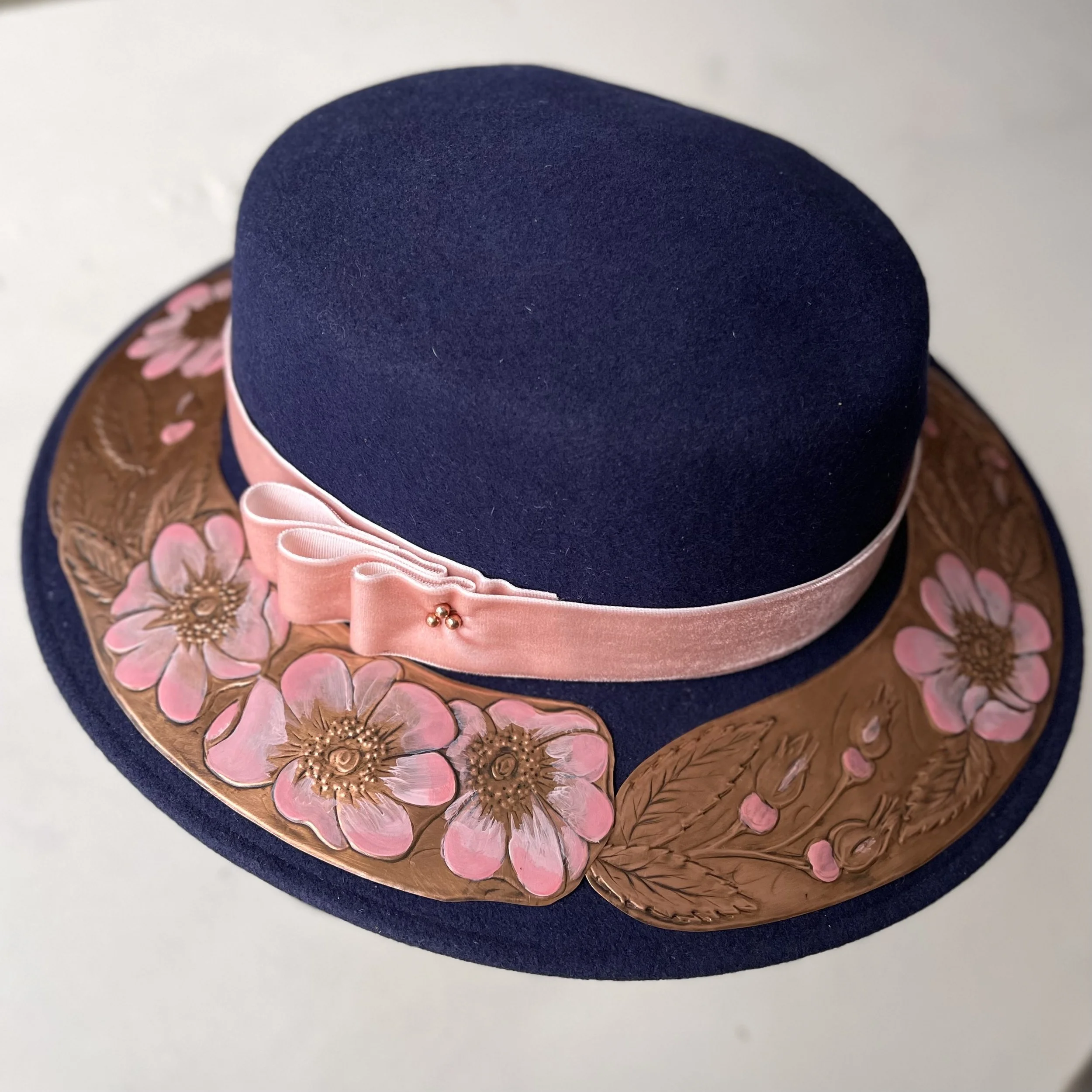 Erin Stelmaschuk Biegel artist, custom copper adorned cowboy hat, custom western hat, western art, Alberta wild rose, Vintage Eatons felt hat, keepsake