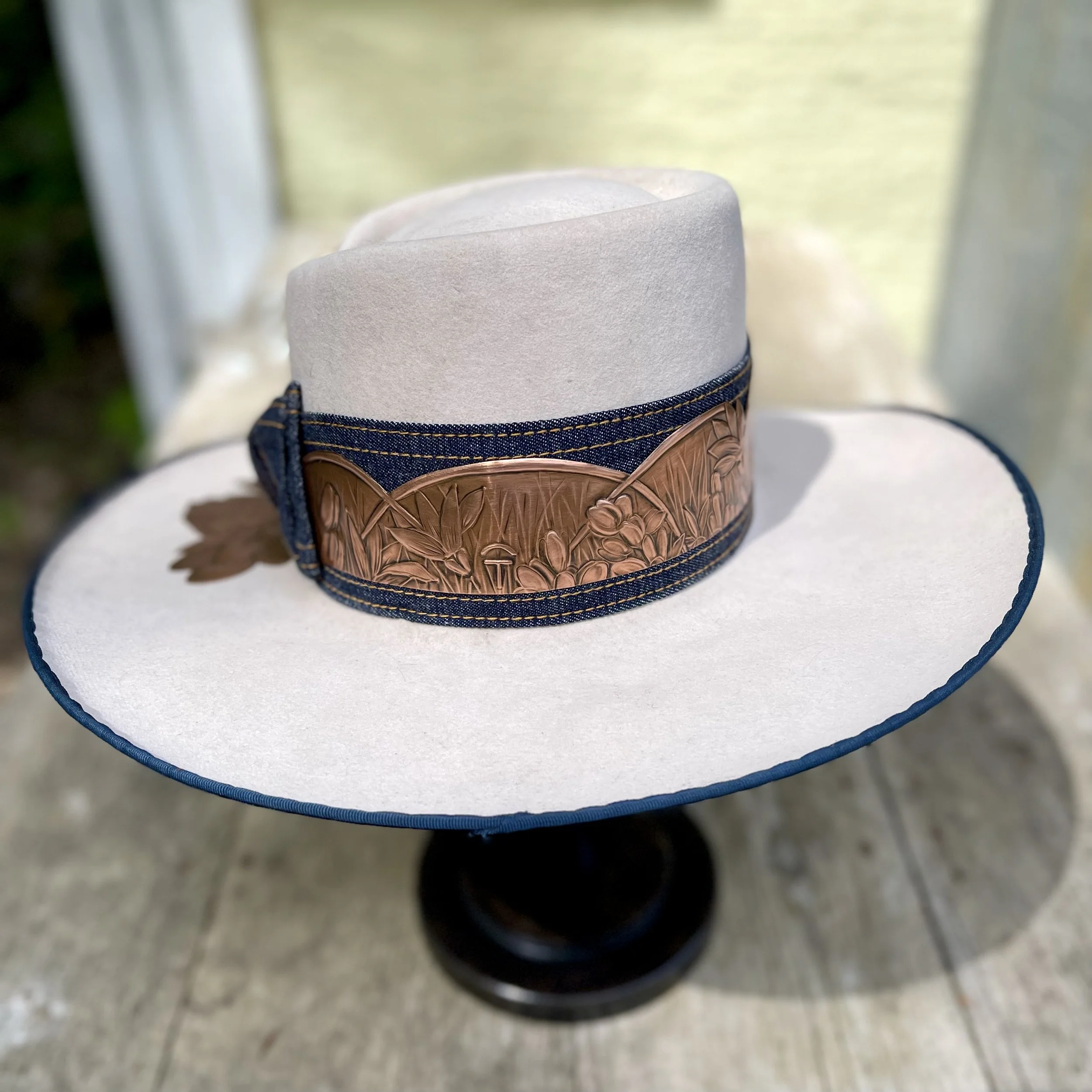 Erin Stelmaschuk Biegel artist, custom copper adorned cowboy hat, custom western hat, western art, prairie inspired.