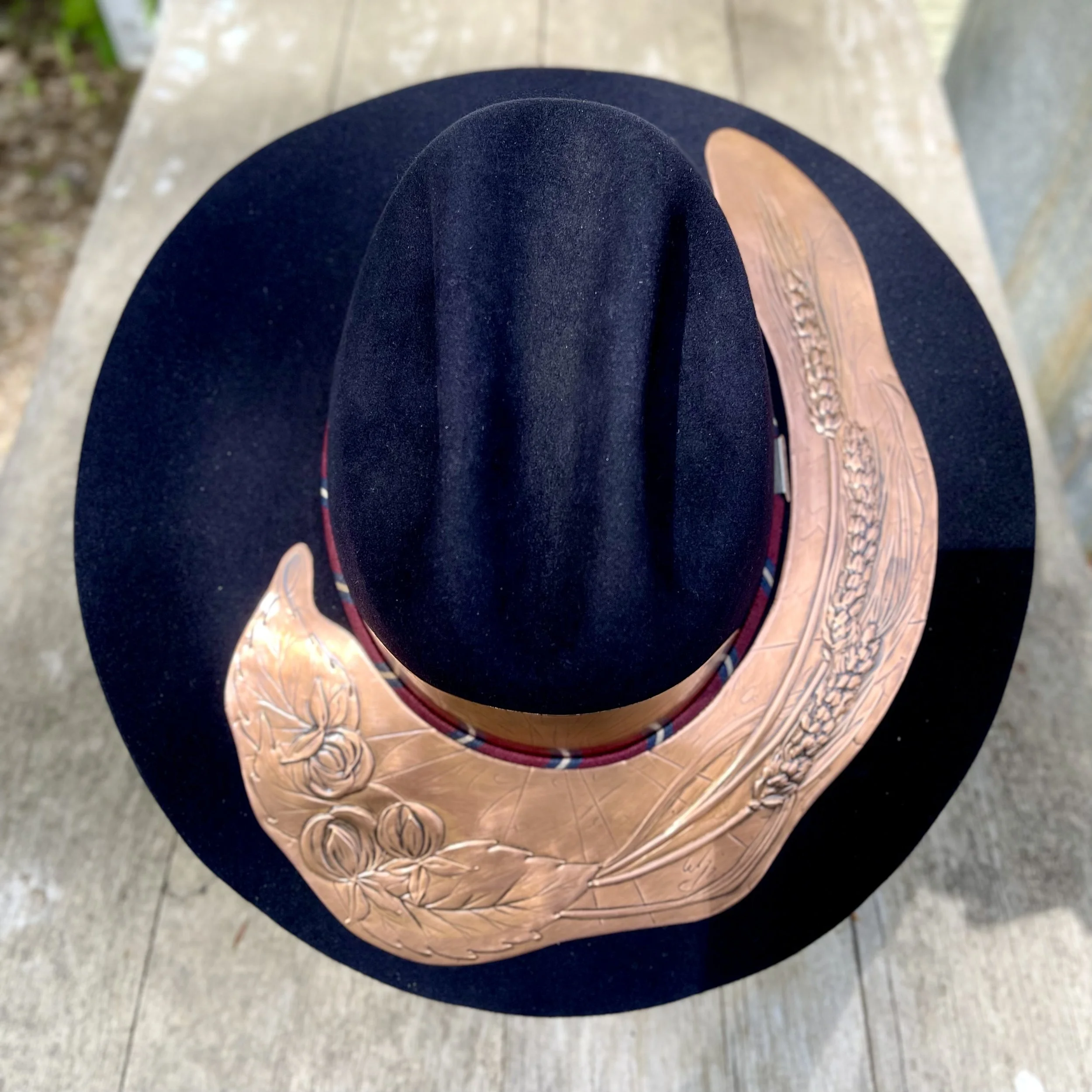 Erin Stelmaschuk Biegel artist, custom copper adorned cowboy hat, custom western hat, western art, prairie inspired, memorial, keepsake