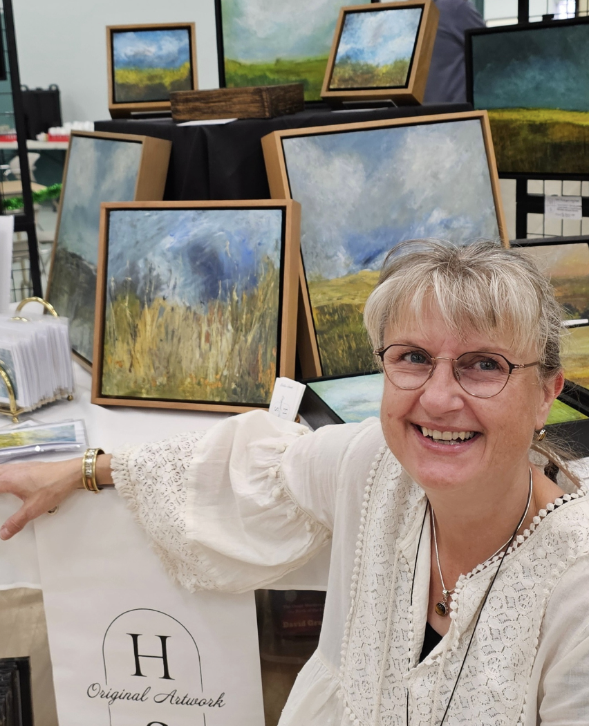 Artist Helen Stuart, Medicine Hat gallery, fine art, mixed media art, Bassano Alberta, Collage, landscape paintings of fields and sky.