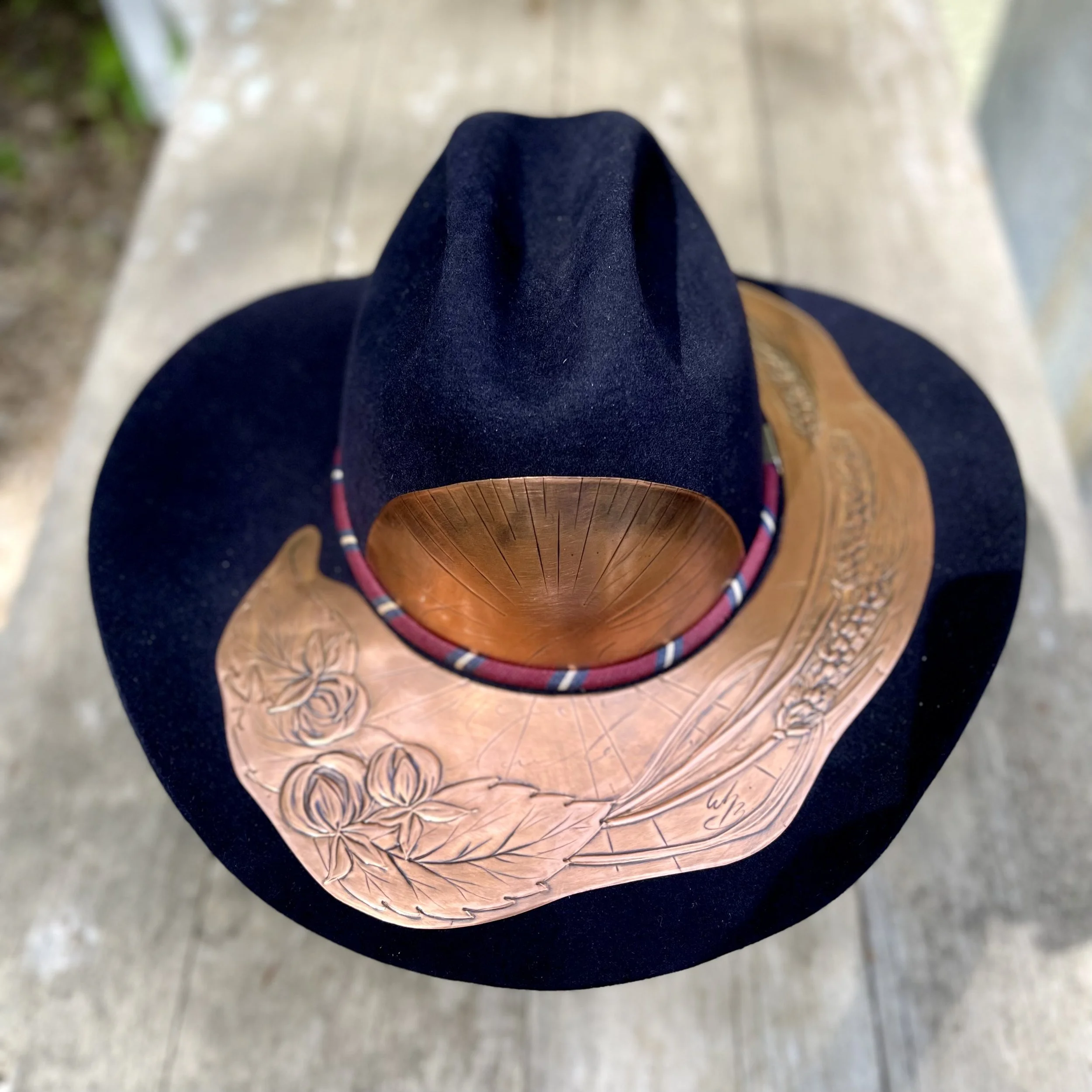 Erin Stelmaschuk Biegel artist, custom copper adorned cowboy hat, custom western hat, western art, prairie inspired, memorial, keepsake