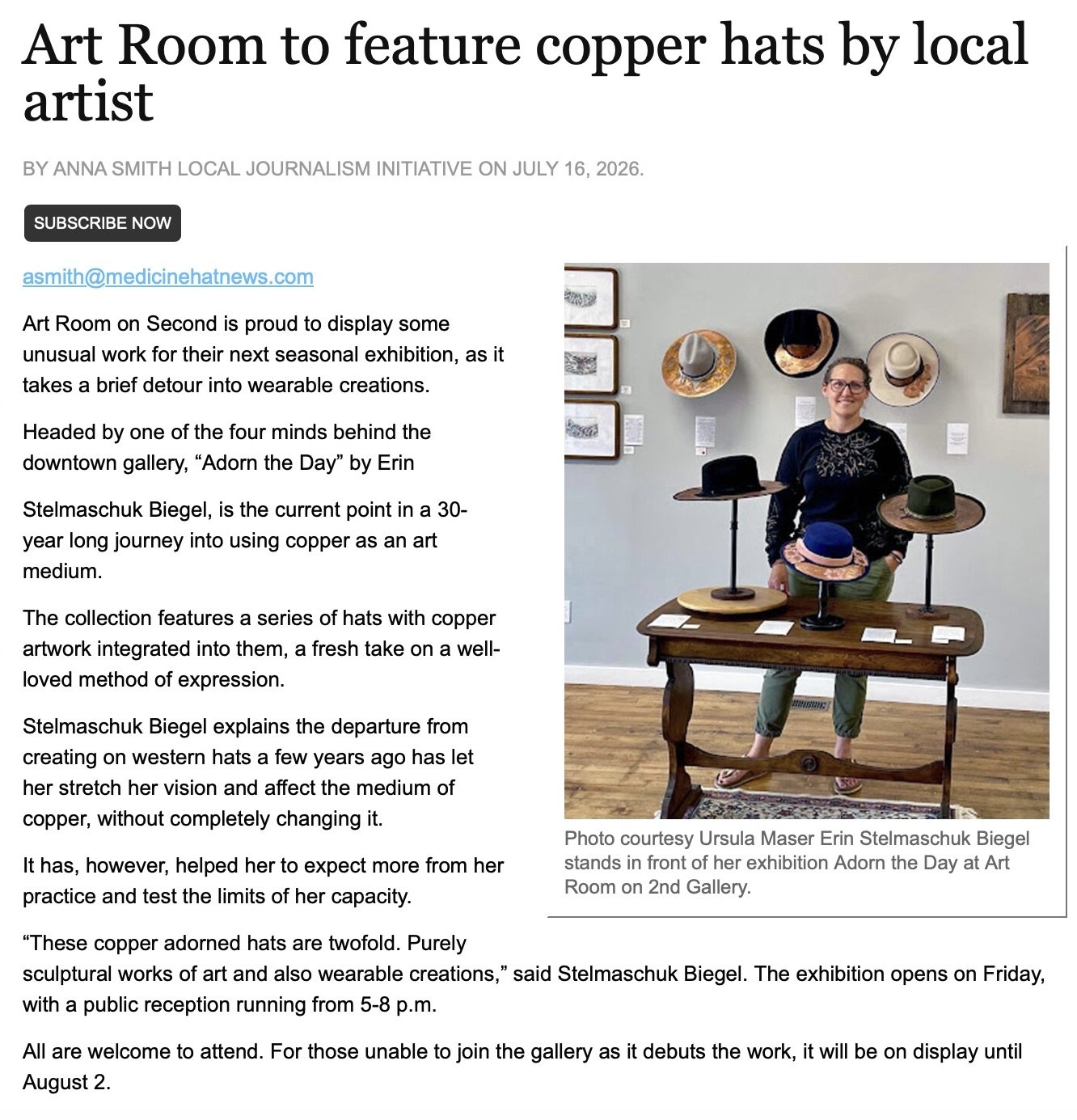 Erin stelmaschuk biegel, feature show, adorn the day, copper hat collection, art room on 2nd
