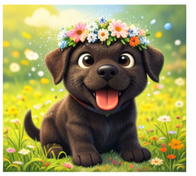 Cartoon puppy with a flower crown sitting in a colorful field of flowers.