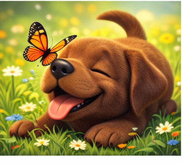 A happy puppy lying in a field of grass and daisies with a butterfly flying nearby.