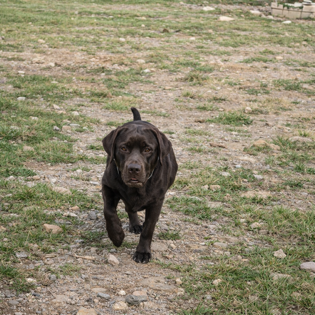 A black Labrador retriever running on a gravel and grassy path outdoors.