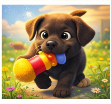Cute puppy holding and chewing a colorful toy in a vibrant, grassy field with flowers.