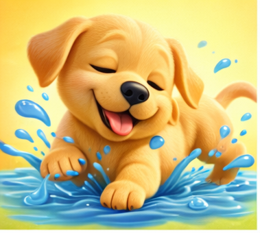 Cartoon puppy playing in blue water with a yellow background.