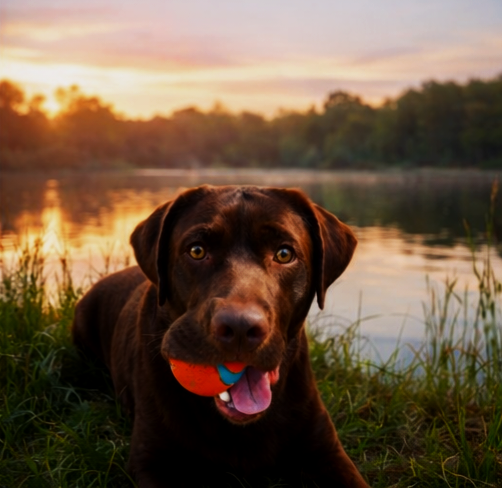 Brown dog lying on grass near a river during sunset, holding a colorful tennis ball in its mouth.