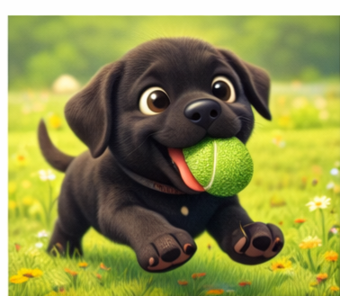 Cartoon puppy with big eyes playing outdoors, holding a green tennis ball in its mouth