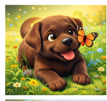 Cute cartoon puppy lying in a grassy field with flowers, looking at a butterfly with a happy expression.