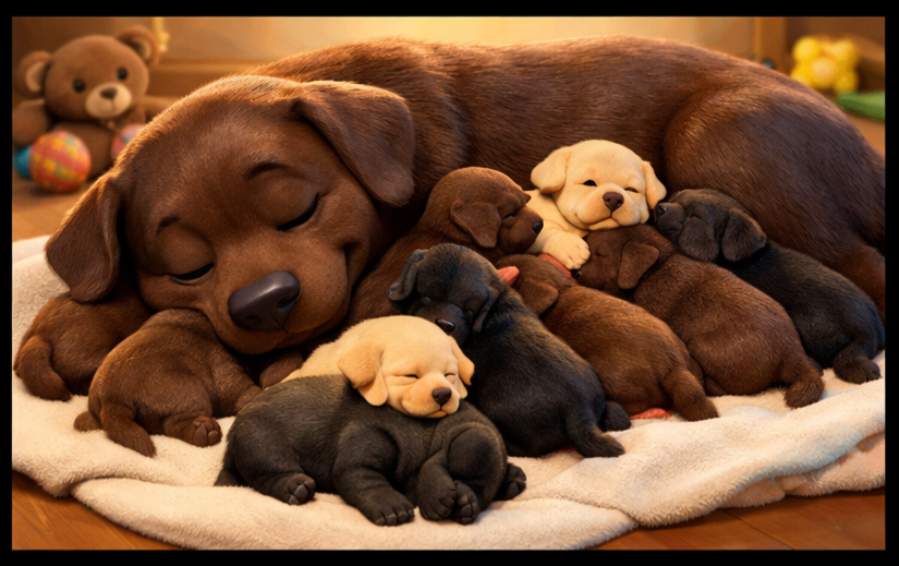 A large brown adult dog sleeping on a soft blanket, surrounded by seven small puppies of different colors, some brown, black, and cream, all sleeping peacefully.