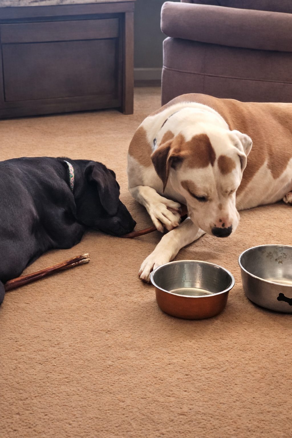 Two dogs resting on a carpeted floor next to metal bowls, one licking a stick and the other with its eyes closed.