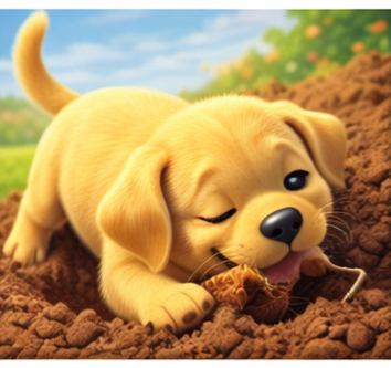 Cartoon puppy playing in the dirt with a small stick, outdoors with a blue sky and green trees in the background.
